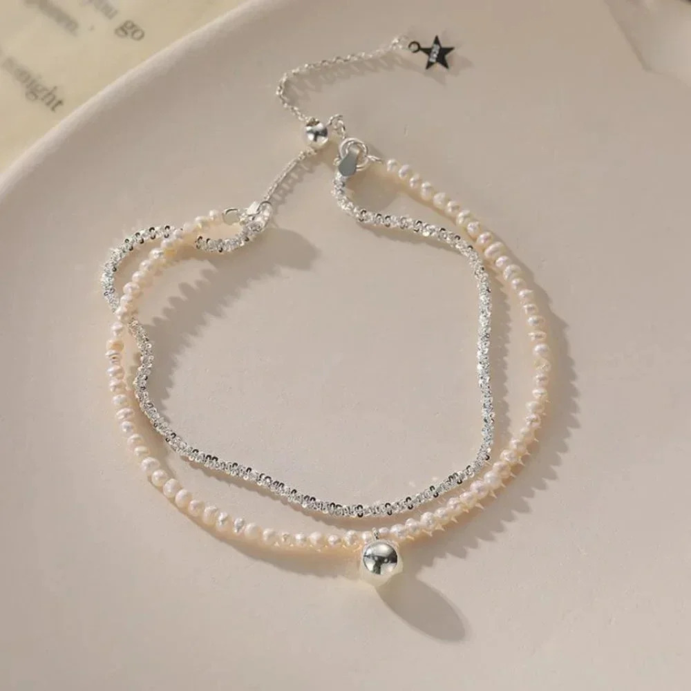 925 Sterling Silver Bead & Pearl Layer Bracelet Shiny Sequin Bracelet - Picture 4 of 7